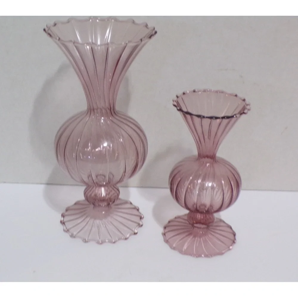 Pink Praline' Glass Ribbed Vases Decorative Hand Blown Large & Small Delicate 2